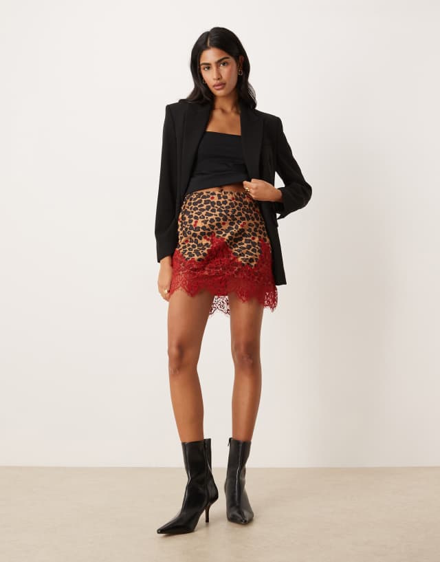 Never Fully Dressed Maeva satin red lace trim mini skirt in cherry