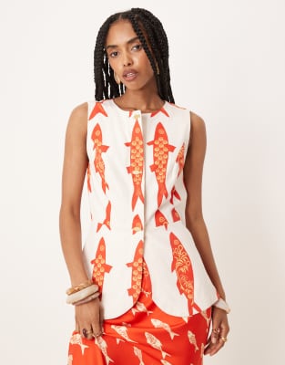marine print vest in white - part of a set