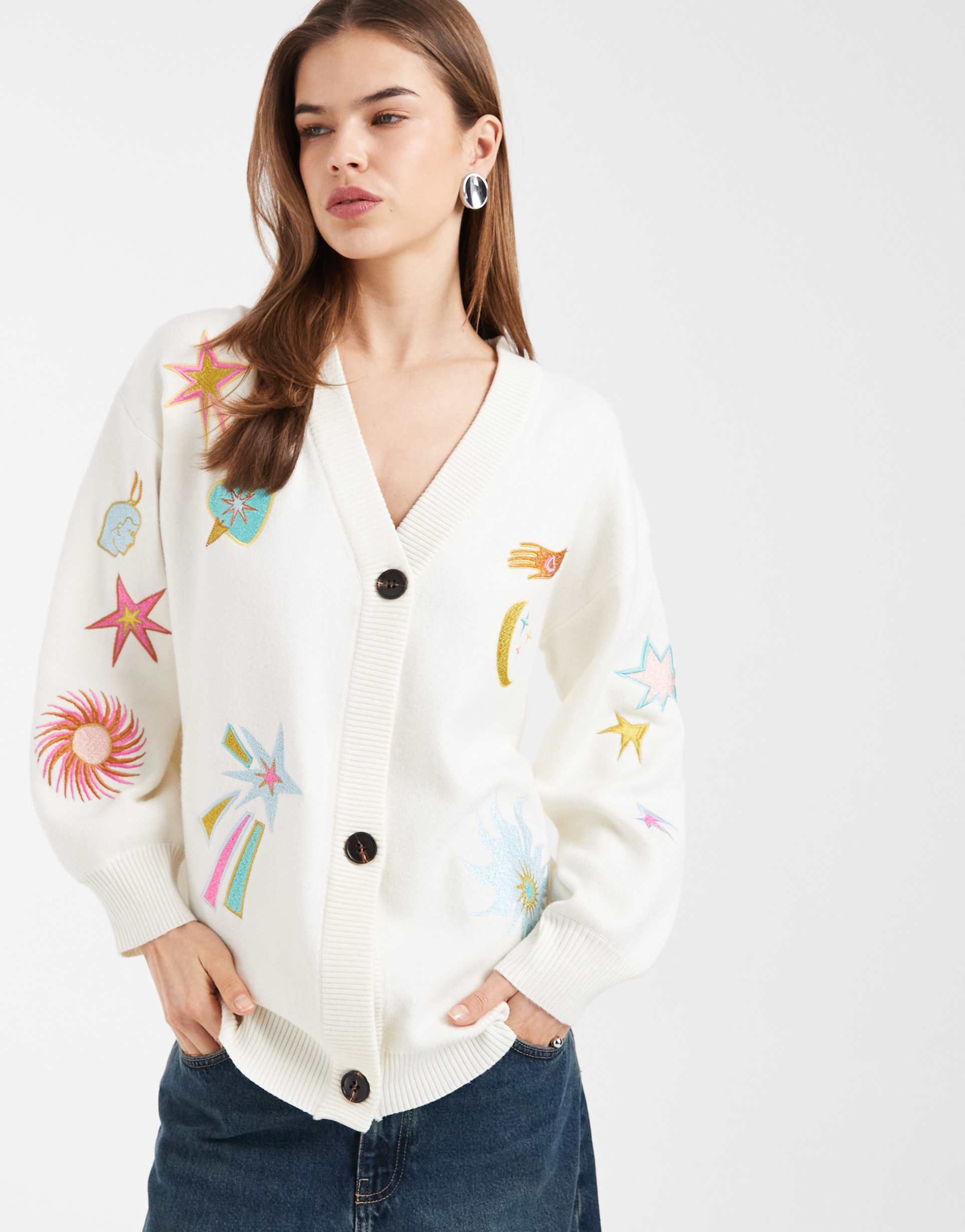 never fully dressed martha knit embroidered longline button down cardigan in cream