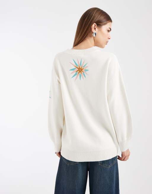 Never Fully Dressed Martha knit embroidered longline button down cardigan in cream, 4 of 4