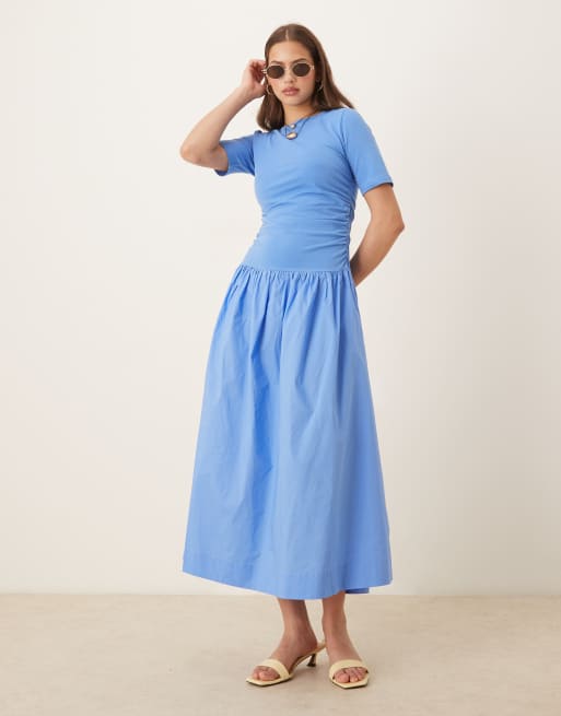 NeverFully Dressed cotton poplin dropped hem maxi dress in cobalt