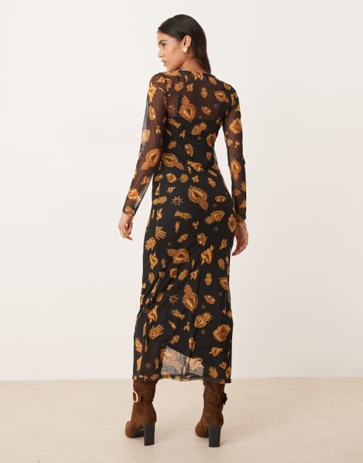 Never Fully Dressed - Maxi-jurk van mesh met lange mouwen in zwart en goud, 4 van 4
