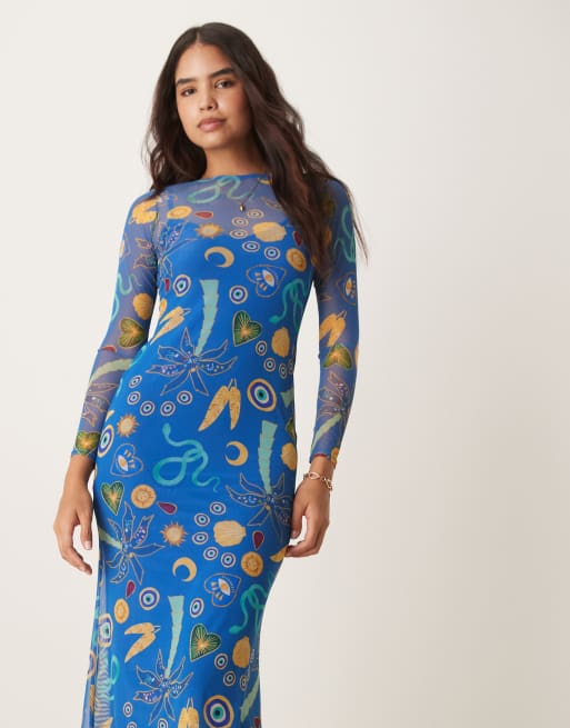 Never Fully Dressed - Maxi-jurk van mesh met print in blauw, 3 van 4