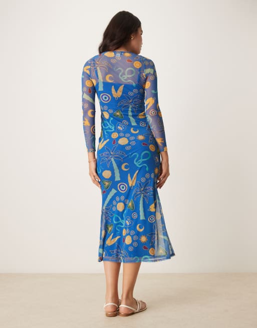 Never Fully Dressed - Maxi-jurk van mesh met print in blauw, 4 van 4