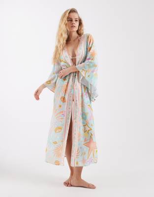 Never Fully Dressed Never Fully Dressed maxi kimono beach cover up in blue sun print-Orange