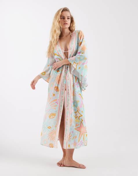 Never Fully Dressed maxi kimono beach cover up in blue sun print - view 1