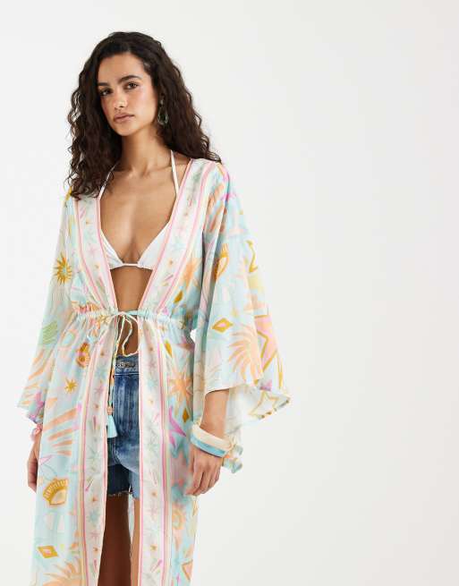 Never Fully Dressed maxi kimono beach cover up in blue sun print, 4 of 4