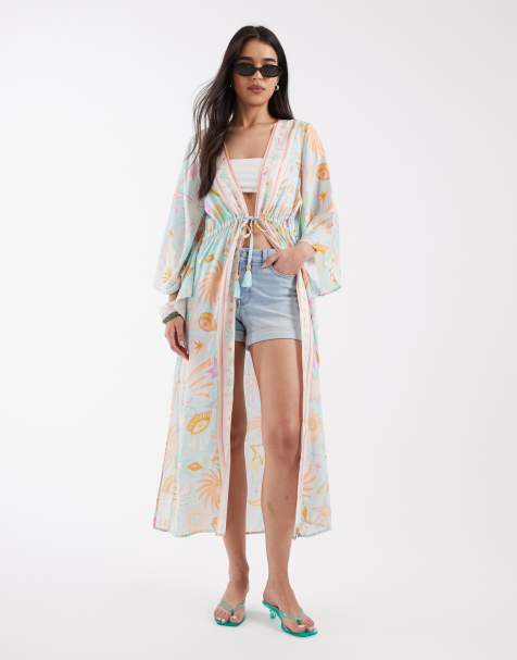 Never Fully Dressed maxi kimono beach cover-up in orange sun print - view 1