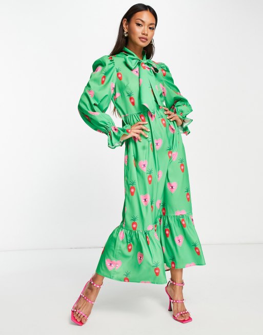 Never Fully Dressed - Maxi-smockjurk met hartjesprint in smaragdgroen