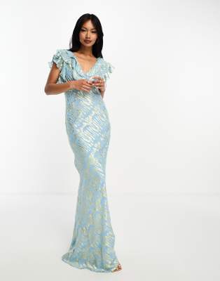 Never Fully Dressed - Maxikleid aus blauem Jacquard in Metallic-Optik mit Rüschen