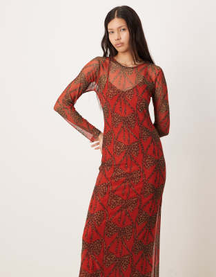 Never Fully Dressed - Maxikleid aus Mesh in Rot mit Schleifenprint mit Leopardenmuster