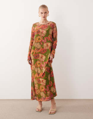 Never Fully Dressed - Maxikleid aus Netzstoff in Oliv mit Western-Print-Grün