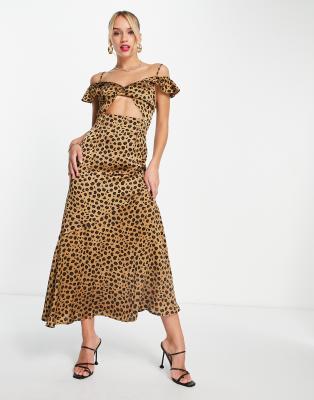 Never Fully Dressed - Maxikleid mit Rüschenärmeln, Zierausschnitt und Leopardenmuster-Braun