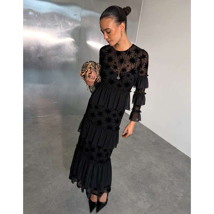 Arobe Sheer Frill Dress BLACK ワンピース Never Fully Dressed mesh devore round neck tiered frill detail