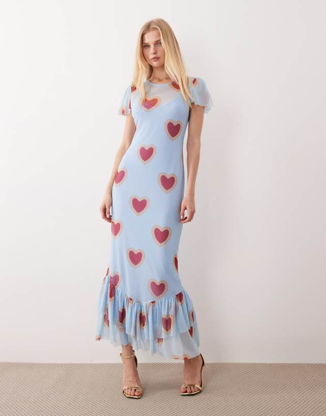 Never Fully Dressed mesh flutter sleeve maxi dress in baby blue heart print