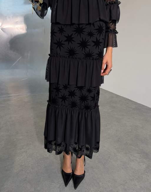 Never Fully Dressed mesh frill detail maxi dress in black, 3 of 4