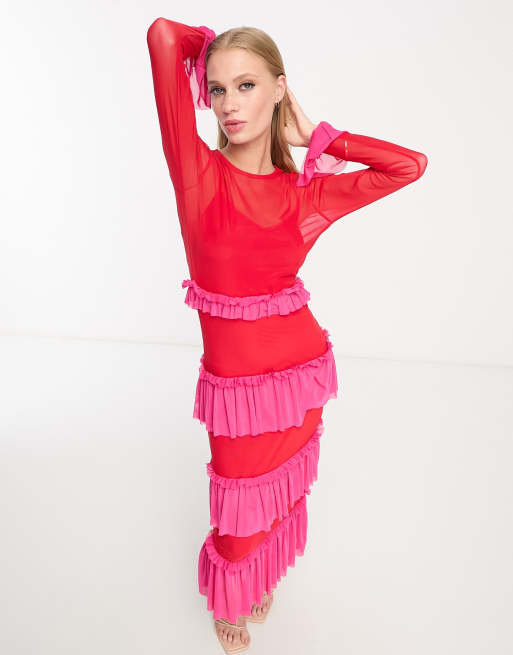 Never Fully Dressed mesh frill midaxi dress in contrast pink and