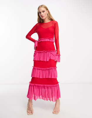 Never Fully Dressed mesh frill midaxi dress in contrast pink and red