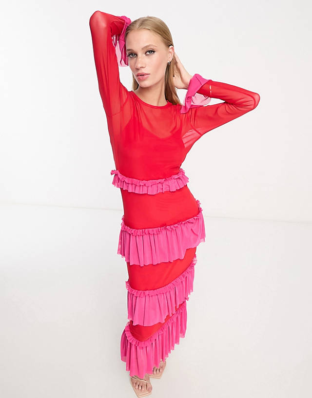 Never Fully Dressed - mesh frill midaxi dress in contrast pink and red
