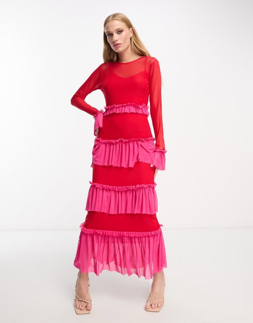 Never Fully Dressed mesh frill midaxi dress in contrast pink and