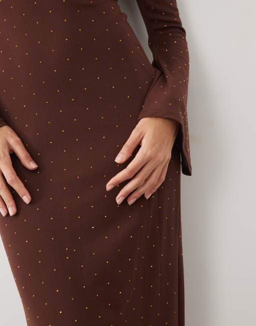 Never Fully Dressed mesh hot fix maxi dress in chocolate, 3 of 4