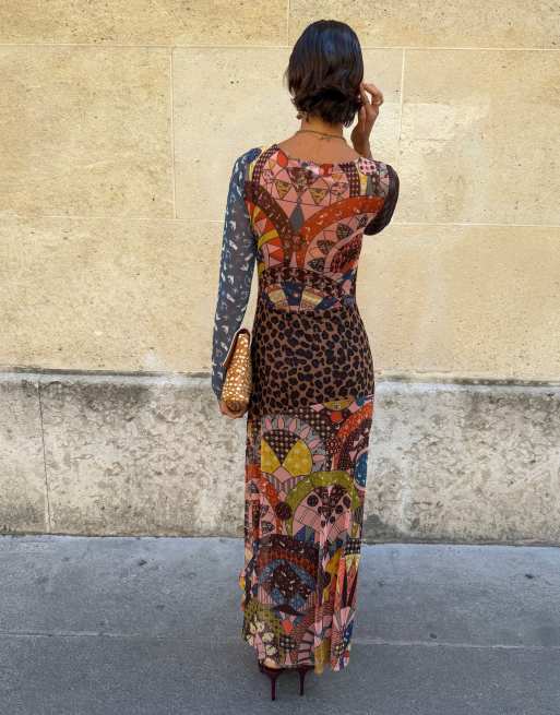 Never Fully Dressed mesh long sleeve high slit midi dress in abstract print, 4 of 4