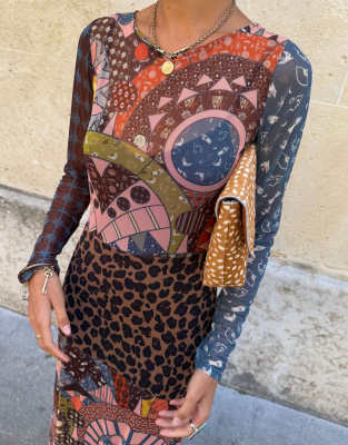 Never Fully Dressed Mesh Long Sleeve High Split Maxi Dress In Multi