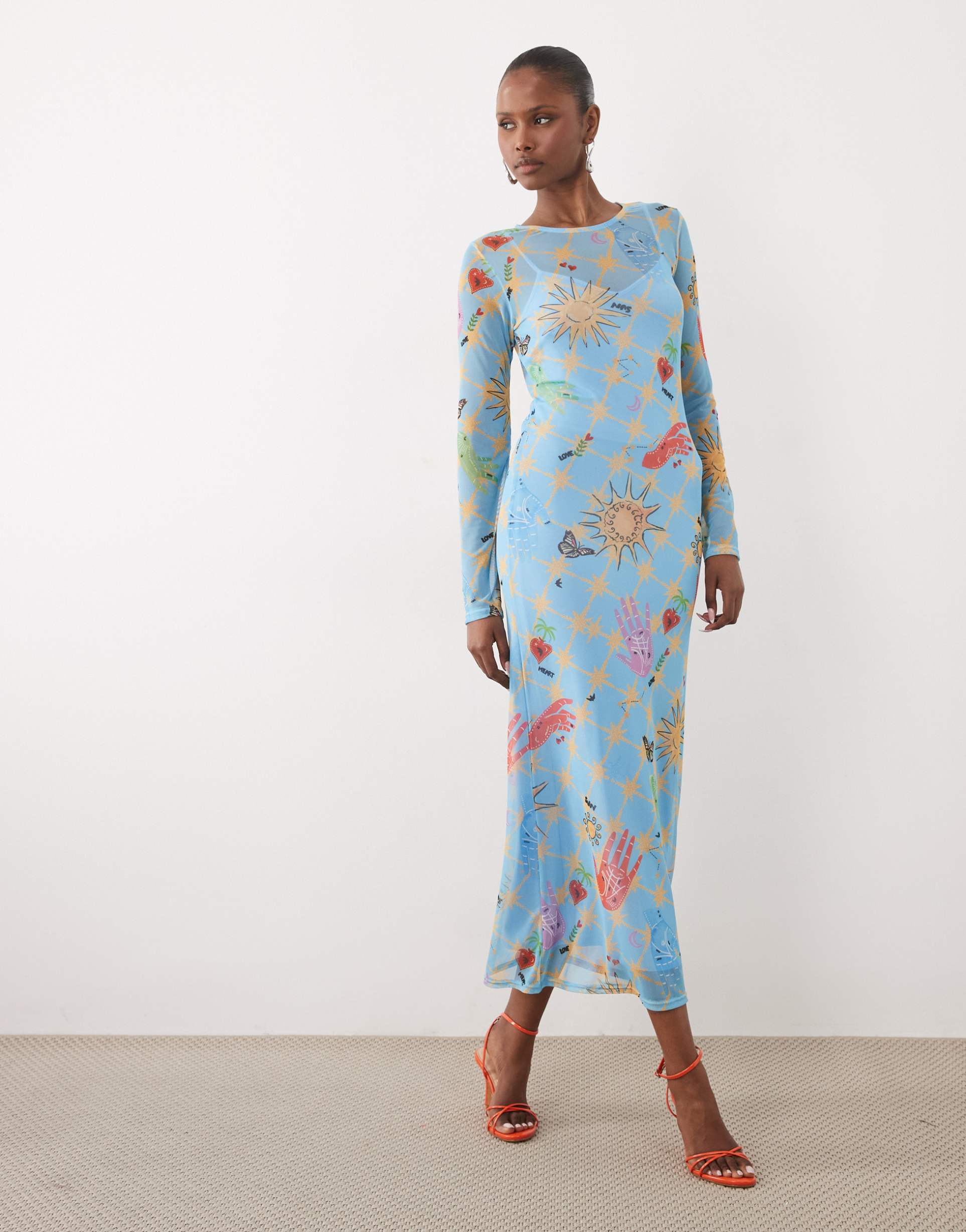 never fully dressed mesh long sleeve midi dress in blue celestial print