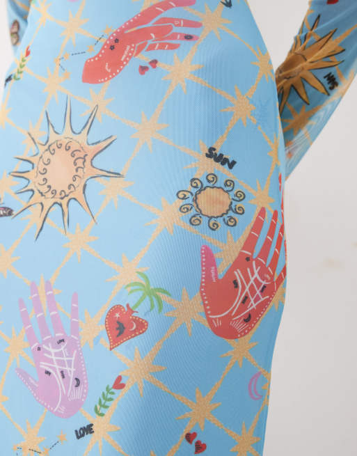 Never Fully Dressed mesh long sleeve midi dress in blue celestial print, 3 of 4
