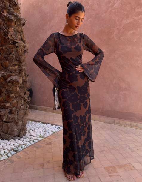 Never Fully Dressed mesh long sleeved crew neck maxi dress in brown poppy print - view 1