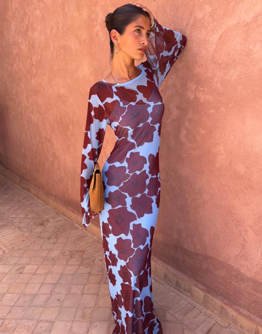 Never Fully Dressed mesh long sleeved crew neck maxi dress in poppy print, 3 of 4