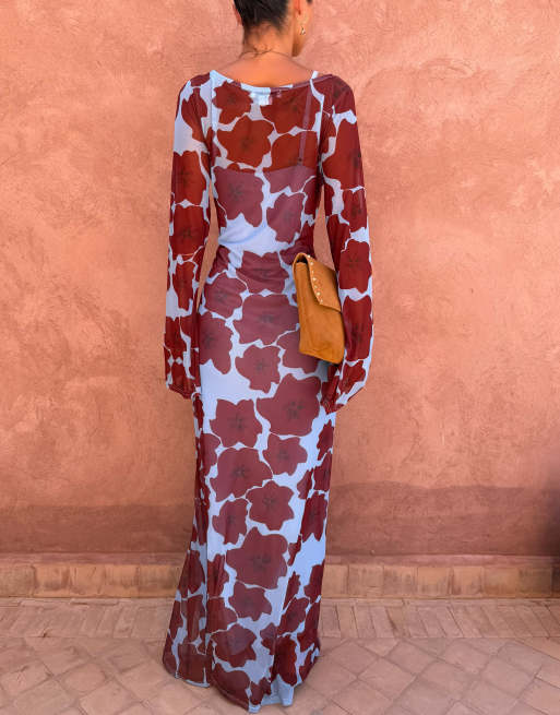 Never Fully Dressed mesh long sleeved crew neck maxi dress in poppy print, 4 of 4