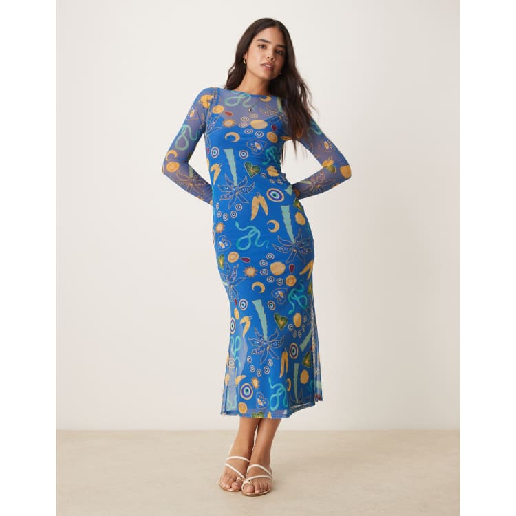 Never Fully Dressed mesh maxi dress in blue charms print | ASOS