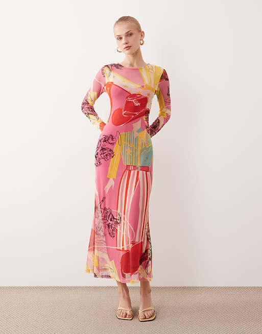 pink acid print short sleeve scoop mesh maxi dress Oliana V-Neck Mesh Maxi Dress Hibiscus White/Pink Our electric Neon Pink Mesh Dress is the ultimate high Womens Pink Clothing | Everyday