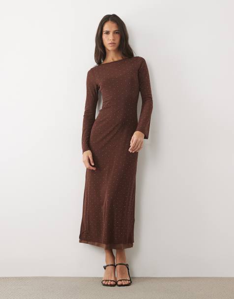 Never Fully Dressed mesh maxi jurk met hotfix in chocoladebruin - view 1