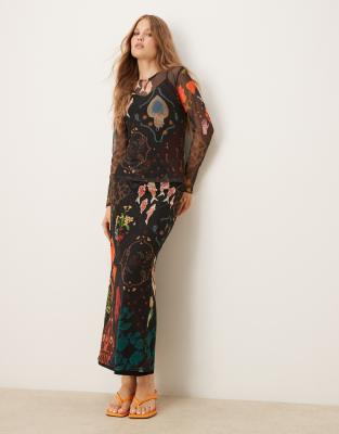 Never Fully Dressed Never Fully Dressed mesh maxi skirt co-ord in multi-colour motif
