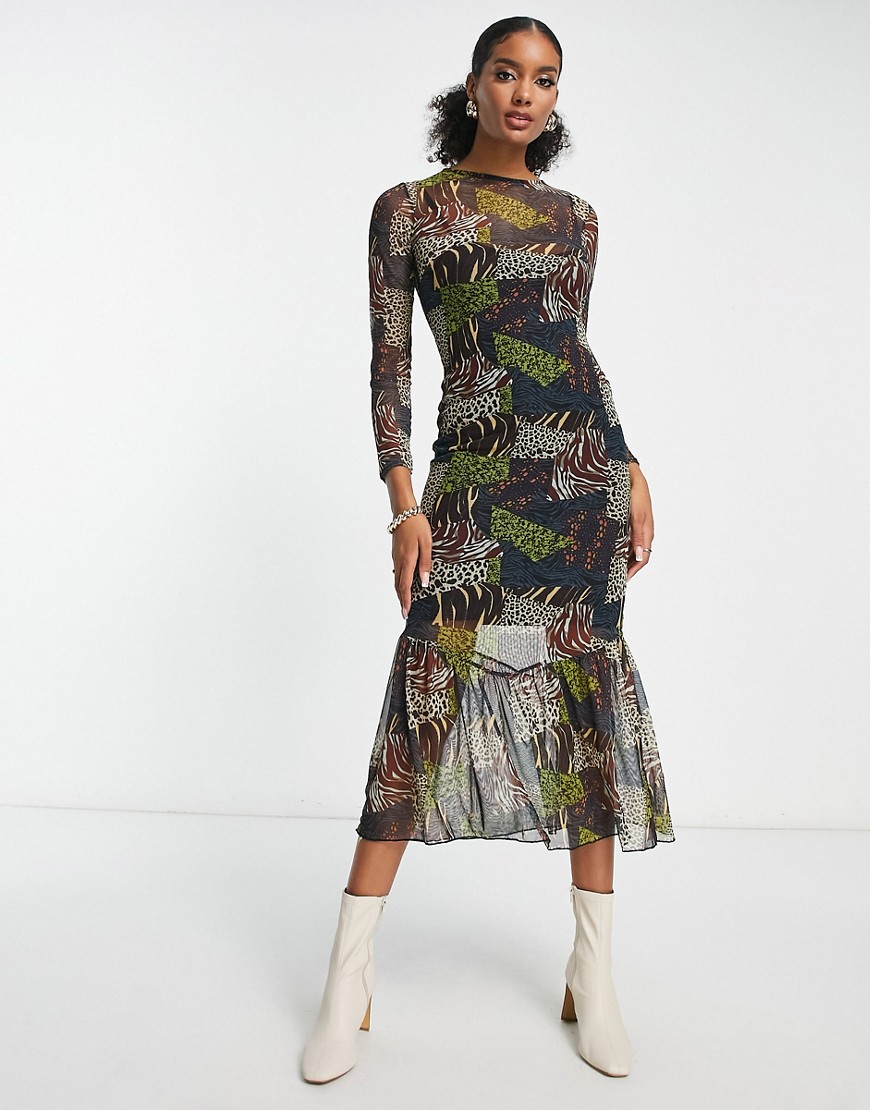 Never Fully Dressed mesh midaxi dress in contrast animal print-Multi