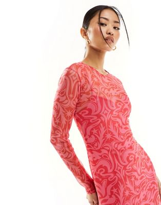 Never Fully Dressed mesh midaxi dress in pink and red - ASOS Price Checker