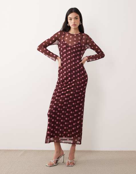 Never Fully Dressed mesh midaxi dress in burgundy and pink spot