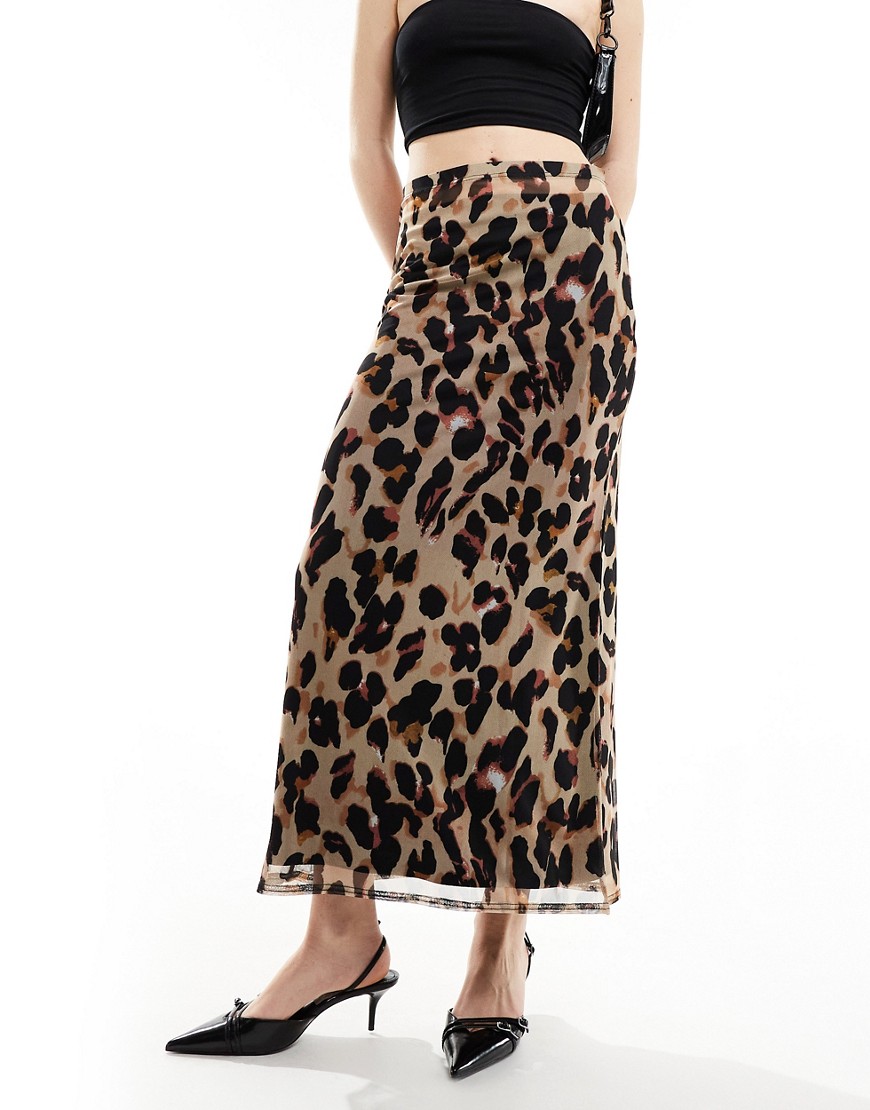 Never Fully Dressed mesh midaxi skirt in leopard print-Brown