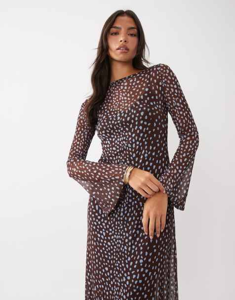 Never Fully Dressed mesh overlay boat neck flare sleeve maxi dress in chocolate and blue deer print - view 1