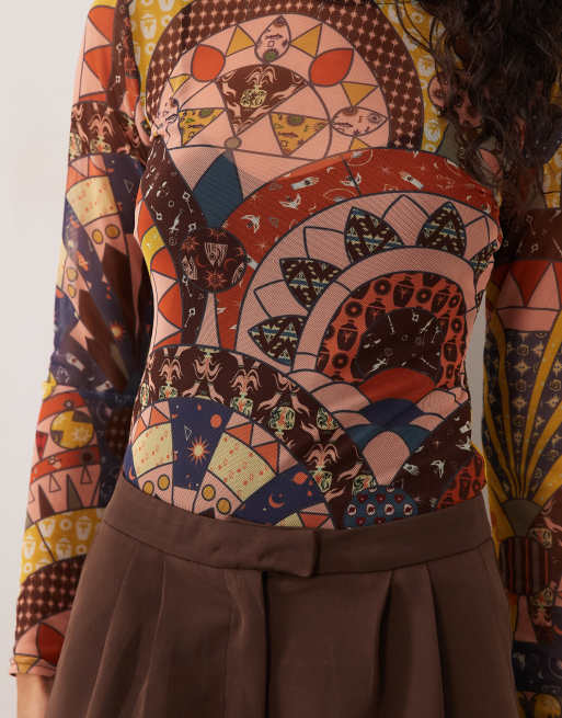 Never Fully Dressed mesh round neck long sleeve top in abstract print, 2 of 4