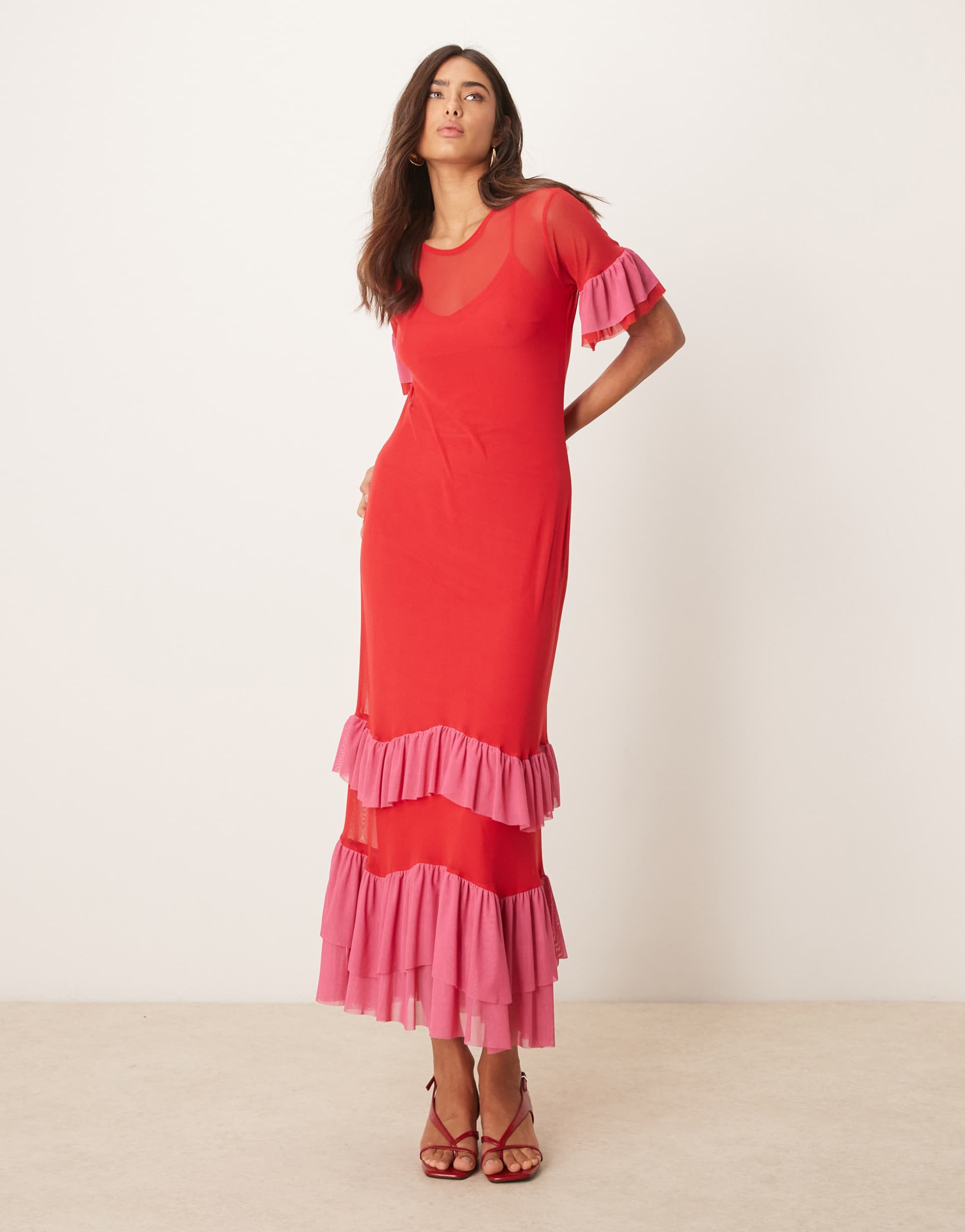 never fully dressed mesh ruffle maxi dress in red and pink