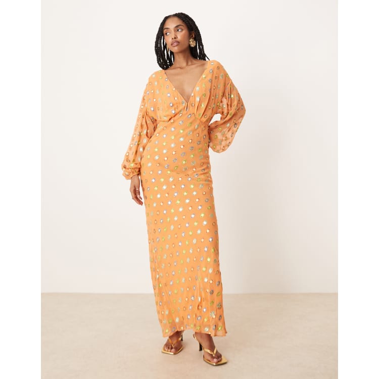 Never Fully Dressed metallic gold dot midaxi dress in coral | ASOS