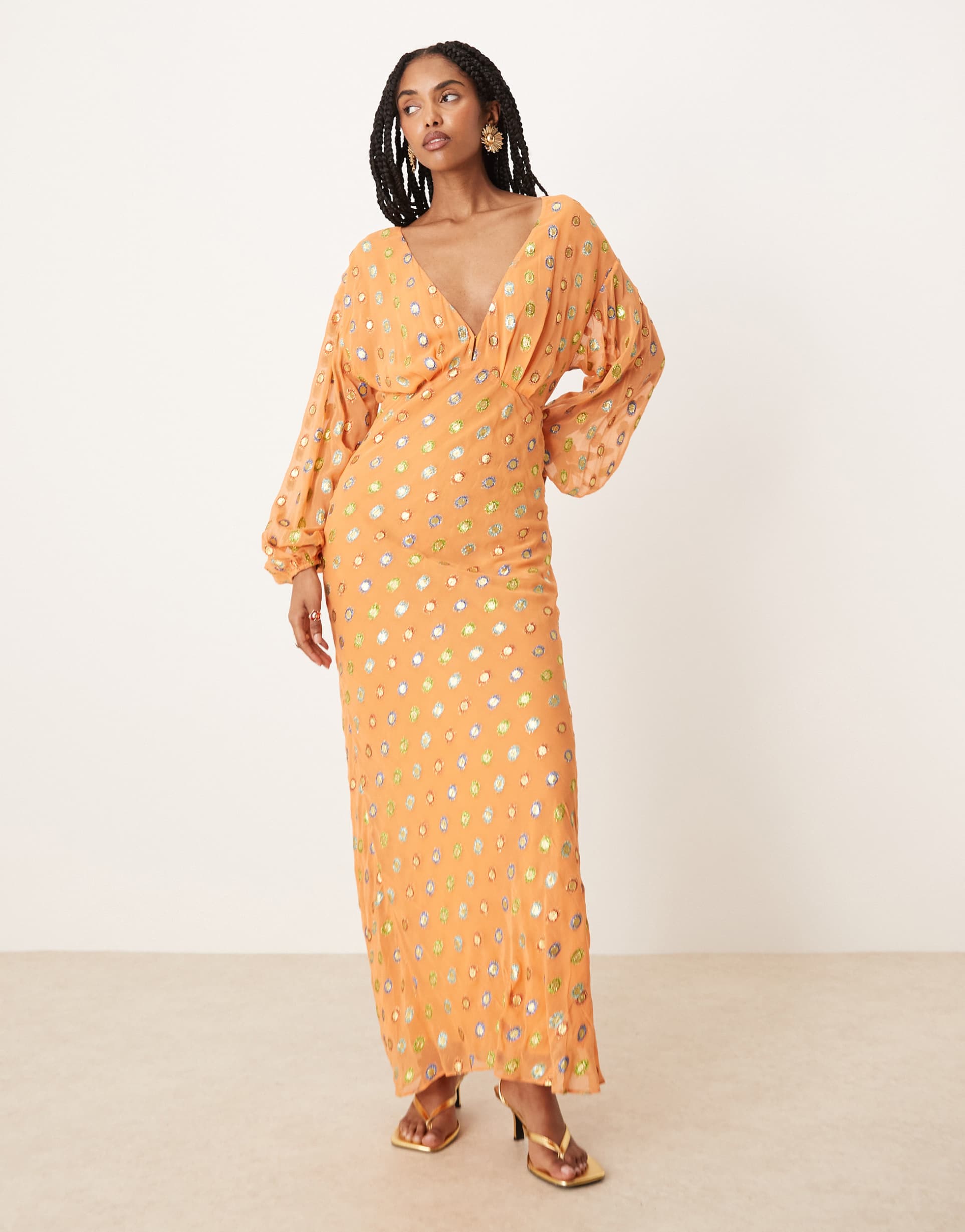 never fully dressed metallic gold dot midaxi dress in coral