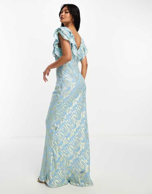 Never Fully Dressed metallic jacquard ruffle maxi dress in blue