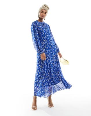 metallic long sleeve maxi dress in cobalt-Multi