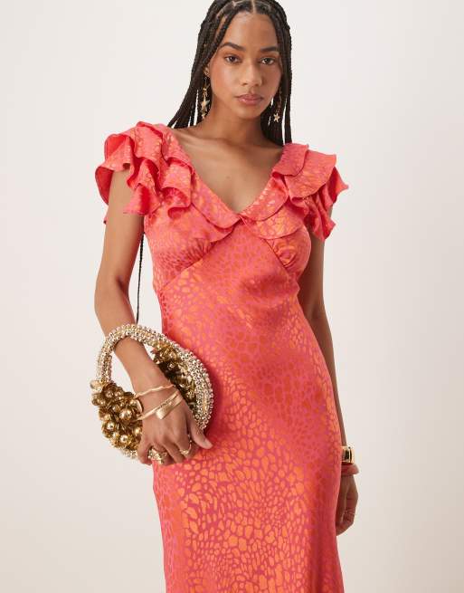 Never Fully Dressed - Metallic maxi jurk met ruches aan de mouwen in roze dierenprint jacquard, 2 van 4
