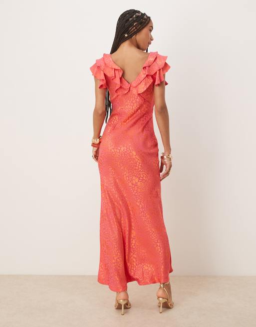 Never Fully Dressed - Metallic maxi jurk met ruches aan de mouwen in roze dierenprint jacquard, 3 van 4