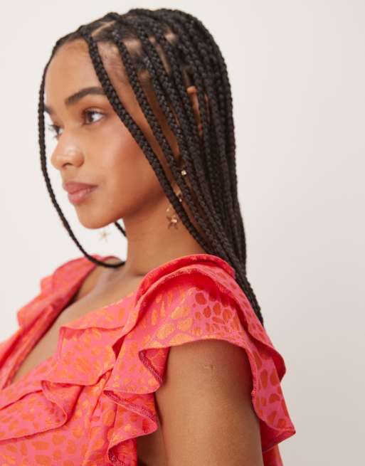 Never Fully Dressed - Metallic maxi jurk met ruches aan de mouwen in roze dierenprint jacquard, 4 van 4